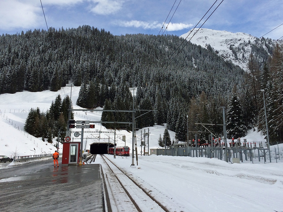 A train is leaving Vereina Tunnel