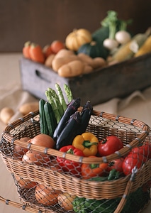 Assorted vegetables in basket on rustic wooden background.