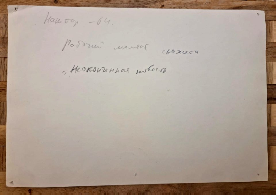 Оборотная сторона фотографии: Рабочий момент сюжета "Неоконченная повесть" "Наштар". Гияс Шермухамедов, Самиг Абдукаххар, Михаил Краснянский и съемочная группа.  (Узбекфильм", Ташкент, 1964)