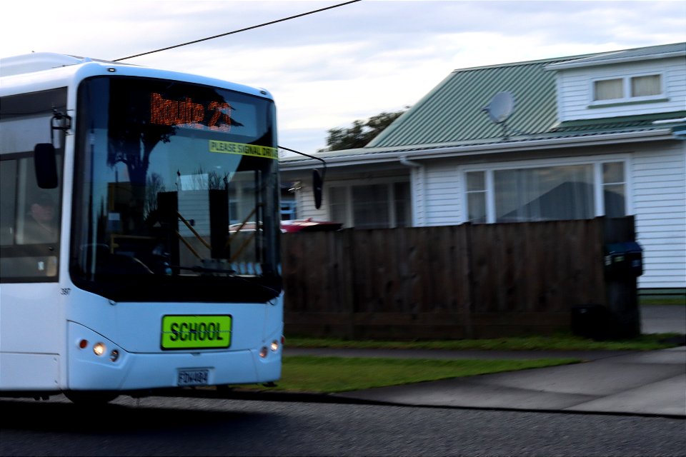 Front of Route 23 school bus, Ngāmotu New Plymouth, Taranaki, New Zealand