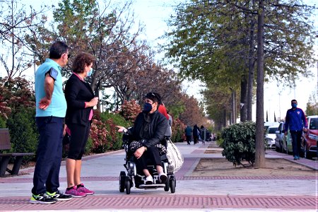Una pareja y una mujer en silla de ruedas parados en la acera hablando.