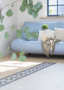 Interior of living room with blue sofa photo