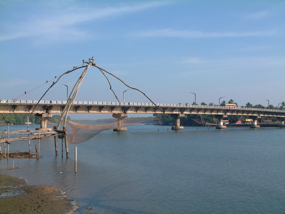 Kottapuram river and bridge amidst some Chinese fishing nets