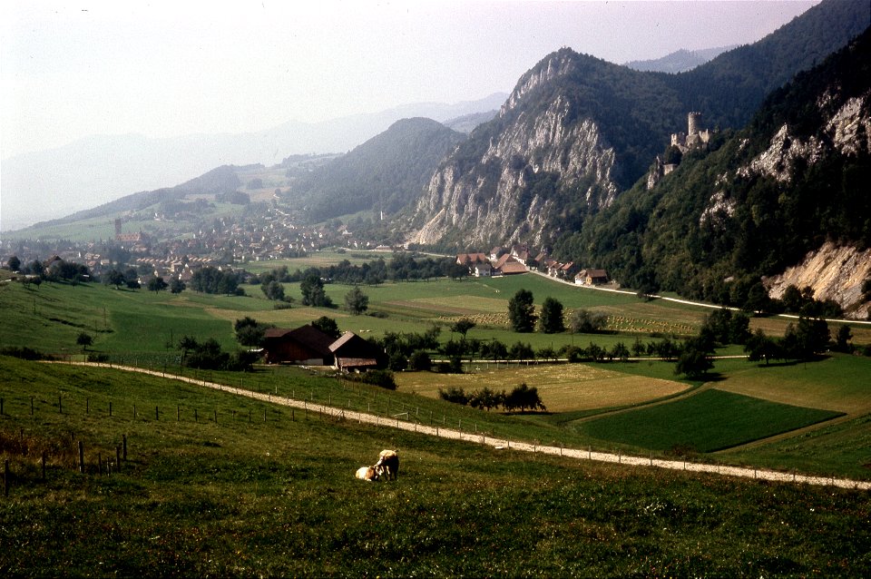 swiss -- the valley with Neu-Falkenstein Castle, Balsthal, Solothurn 1963 hi-res
