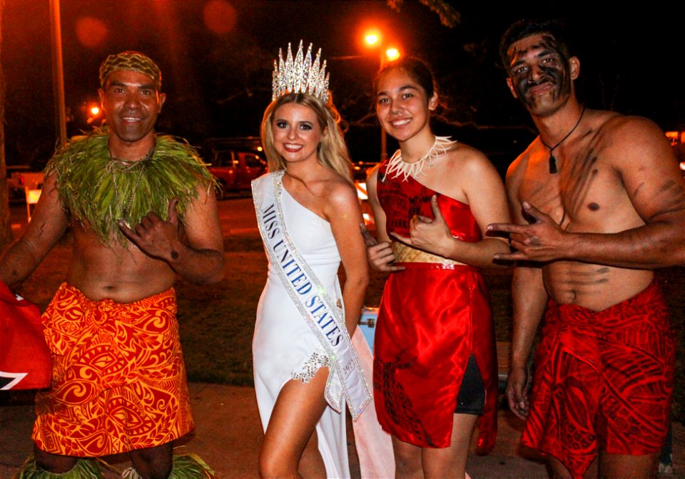 Miss United States with Polynesian Fire Dancers in Hawaii