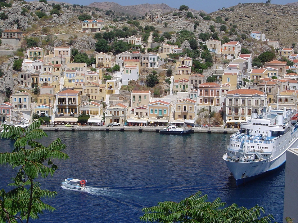 he town of Gialos on Symi island in Greece