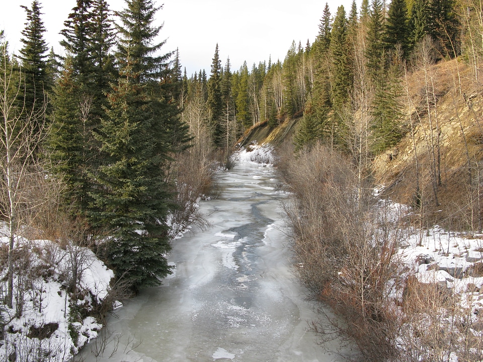 Frozen river in countryside during winter time