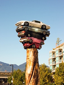 cars tree piled on top photo