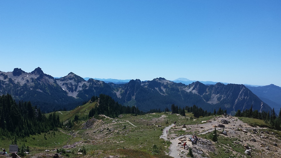Mountain Hiking Trail Deep blue sky. Mount Rainier