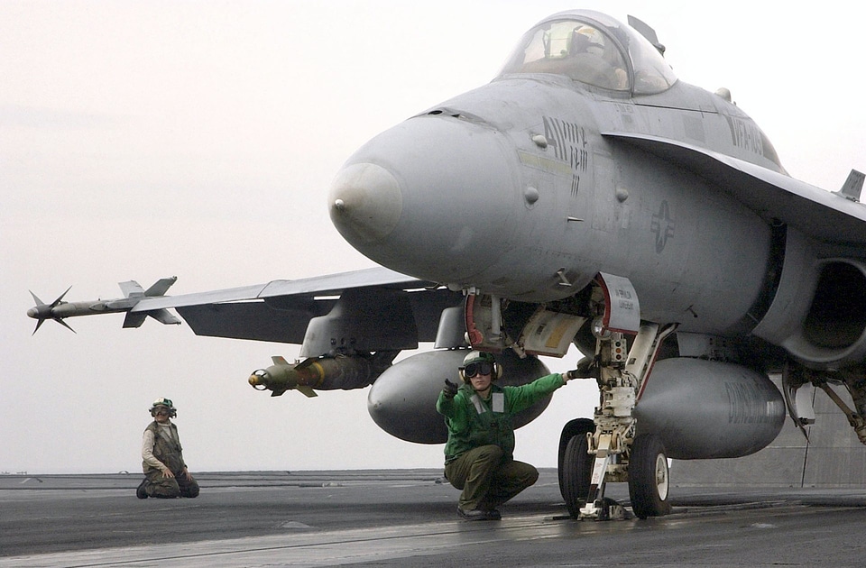 An FA-18 Hornet prepares to launch