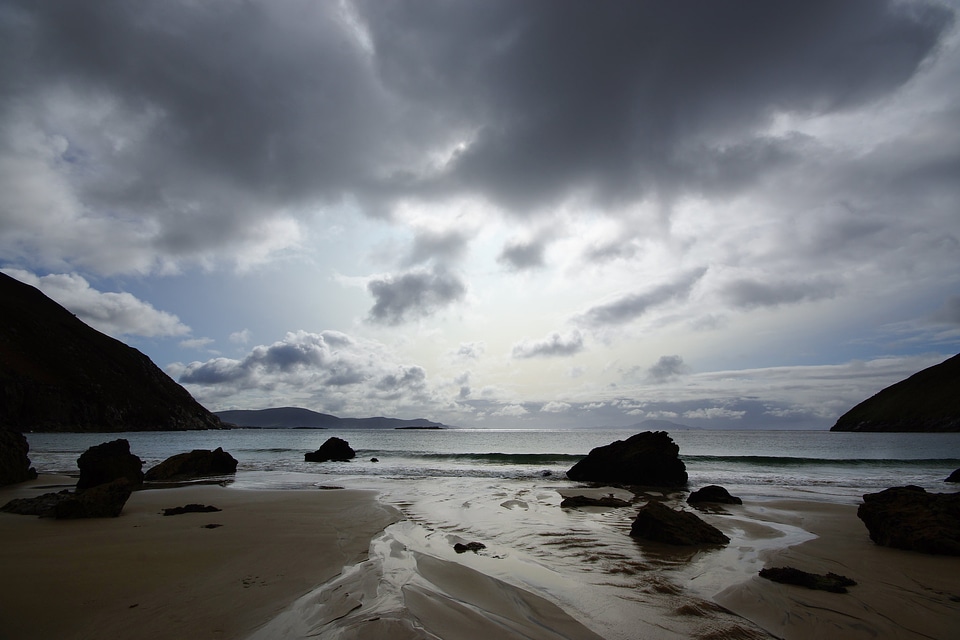 Irish Landscape with hills and green fields and sea and blue sky
