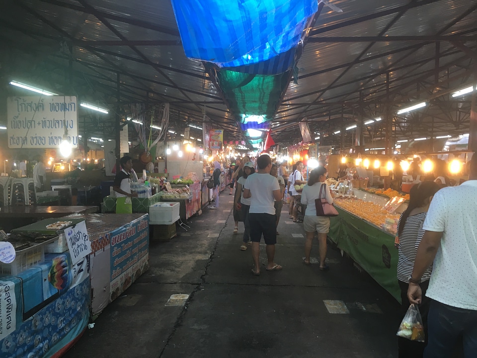 Thai food stall with seafood on weekend night market in Phuket