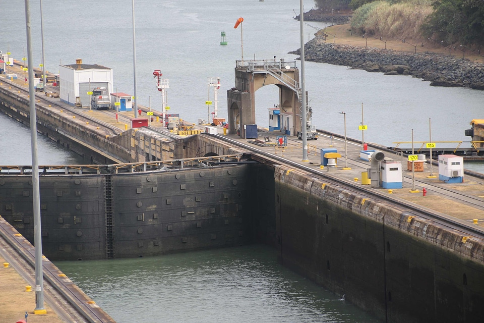 Ship crossing Panama Canal at Miraflores Locks