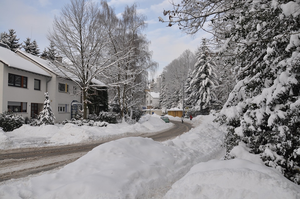 Snow piled up along a plowed road