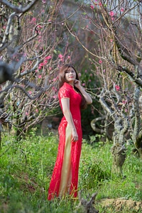 beautiful young Chinese girl smiling in spring garden photo