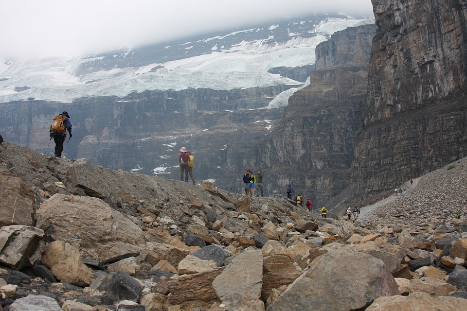 A group of hikers near Moraine Lake in Banff National Park
