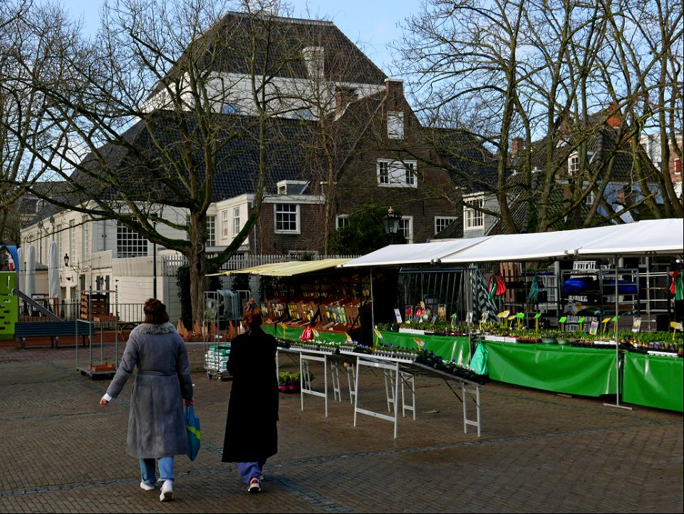 Flower market on the square Amstelveld with the church Amstelkerk; free photo Amsterdam city