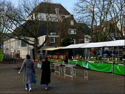 Flower market on the square Amstelveld with the church Amstelkerk; free photo Amsterdam city