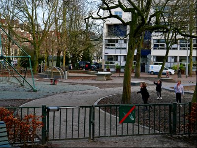 Playground for children at the square Frederiksplein in Amsterdam city-center; free urban photo by Fons Heijnsbroek, 2022. photo