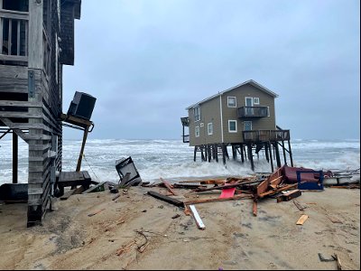 Debris from collapsed house at 24235 Ocean Dr, Rodanthe on May 10, 2022