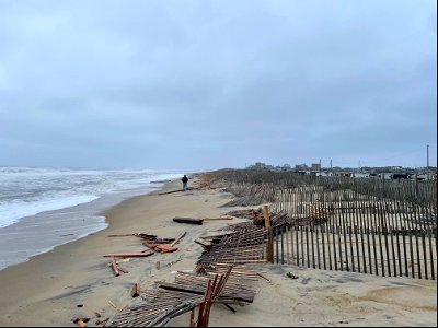 Debris from collapsed house at 24235 Ocean Dr, Rodanthe on May 10, 2022