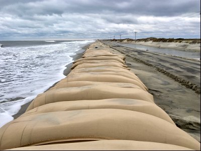 High tide at Ocracoke Island sandbags 02-21