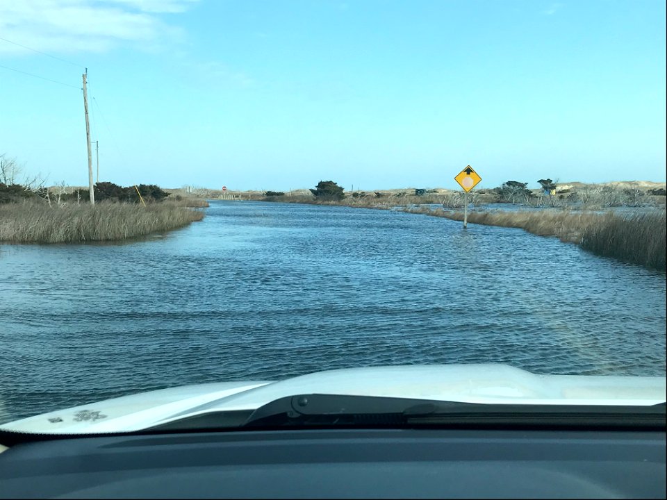 Flooding along road exiting Cape Point Campground looking toward Lighthouse Road in Buxton 02-19-2021