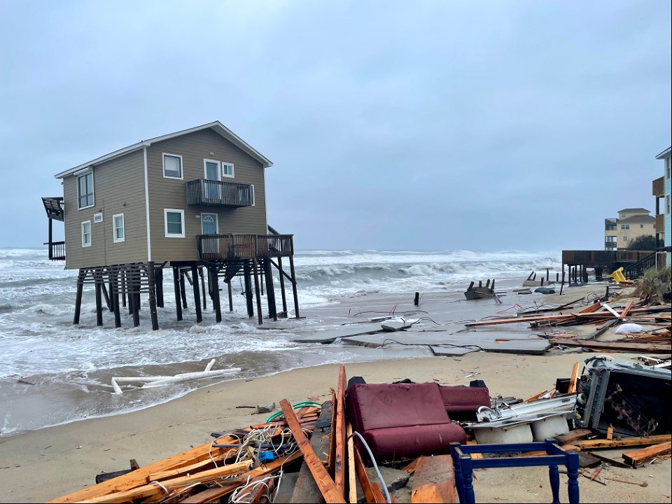 Debris from collapsed house at 24235 Ocean Dr, Rodanthe on May 10, 2022