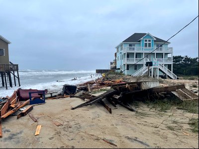 Debris from collapsed house at 24235 Ocean Dr, Rodanthe on May 10, 2022