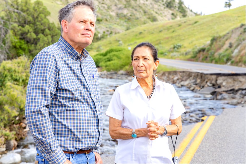 Yellowstone flood event 2022: Secretary Haaland and Montana Senator Daines near the damage at Rescue Creek