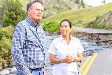 Yellowstone flood event 2022: Secretary Haaland and Montana Senator Daines near the damage at Rescue Creek