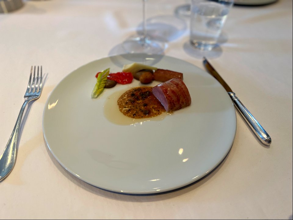 "Chateaubriand" of Marcho Farms Veal, Stuffed Jacobsen Orchards Crab Apple, Garden Turnips, La Ratte Potato Puree and Whole Grain Mustard Sauce photo