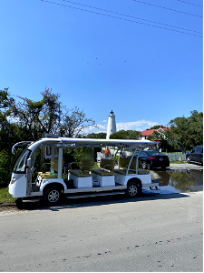 Ocracoke tram in front of Ocracoke Light Station