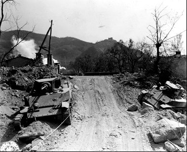 SC 337148 - Two knocked out tanks are left along the road about 1/2 miles outside Massa. This is a German tank ditch. 10 April, 1945. photo