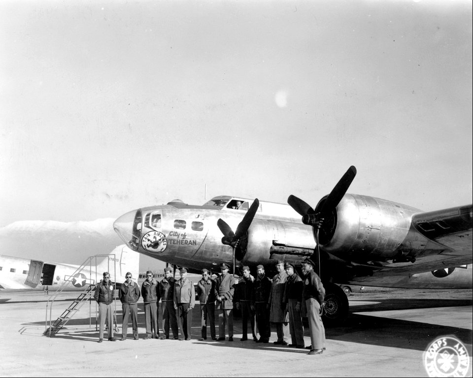 SC 334931 - Maj. Gen. Connolly has just completed an inspection of the City of Teheran, a converted B-17G and flagship of the TA&B Airline, under whose insignia all aircraft assigned to the PGC operate.