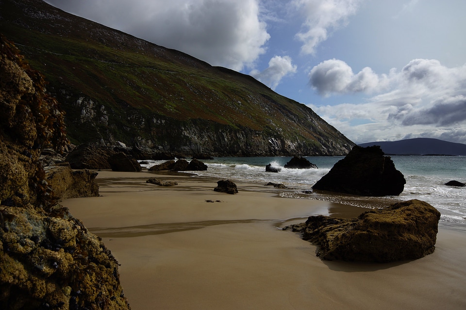 Irish Landscape with hills and green fields and sea and blue sky