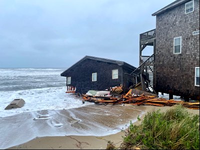 Debris from collapsed house at 24235 Ocean Dr, Rodanthe on May 10, 2022