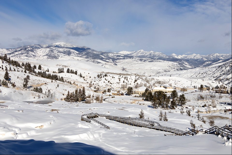 Looking down on Mammoth Hot Springs from the boardwalk