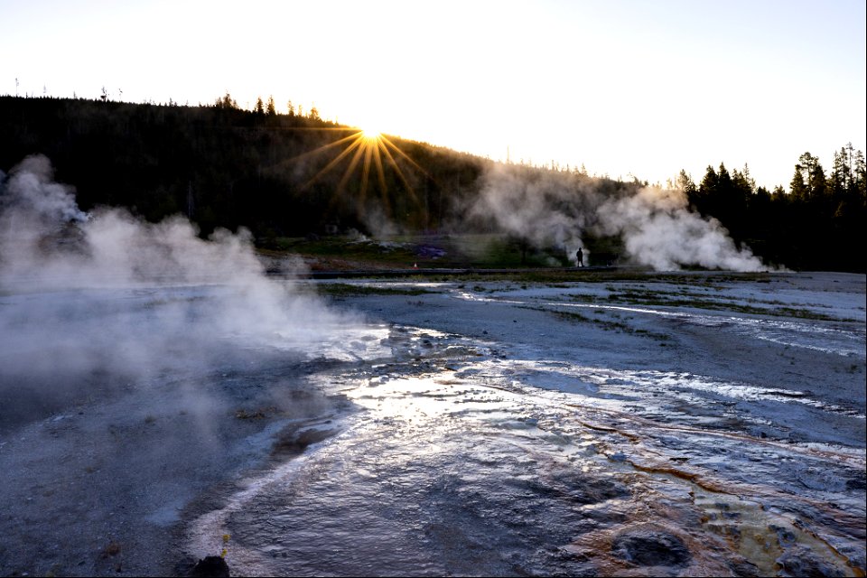 Sunrise over Geyser Hill boardwalks