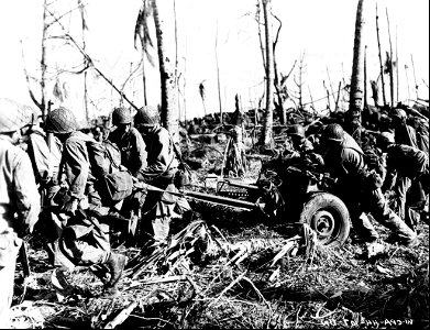SC 270706 - Men of the 7th Division, U.S. Army, move gun up to the frontlines. 3 February, 1944. photo