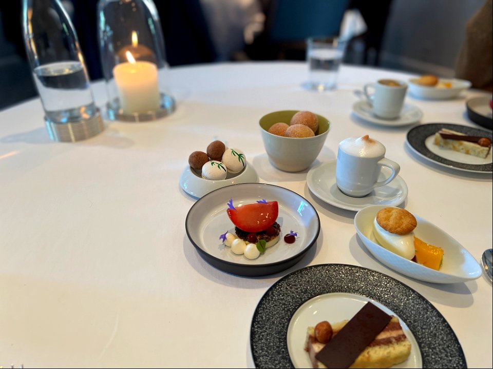 Desserts, Macarons, Cappuccino Semifreddo and Cinnamon Sugar Donuts "Coffee and Donuts"