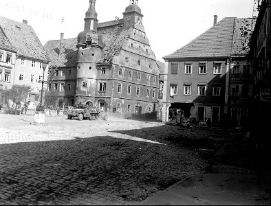 SC 335301 - Half-track of the 11th Armored Division, 3rd U.S. Army, enters the town of Hildburghausen, Germany. 8 April, 1945.