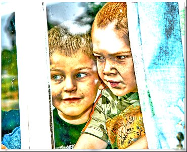 "Norman Rockwell"? Boys looking at Santa through the window