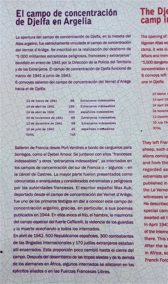 Gare du Vernet-d'Ariège : Notice d'information sur le camp de Djelfa en Algérie française