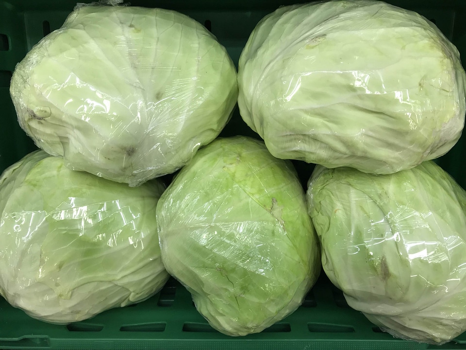 Group of green cabbages in a supermarket
