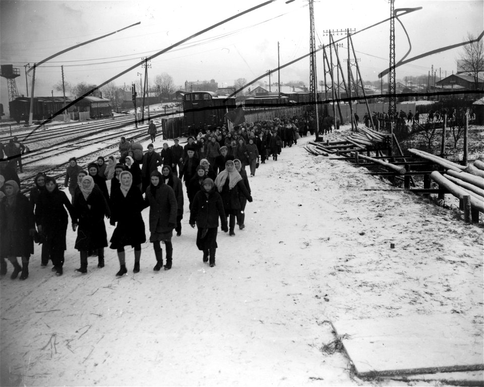 SC 405003 - Russian war refugees, having been liberated from slave labor in Germany by the U.S. Army, walk to the train platform from which they will be taken to a Displaced Persons camp in the interior of France.