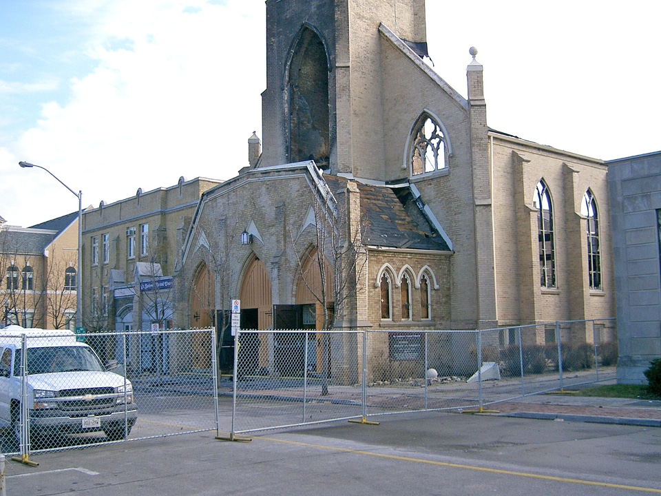 Damaged church in downtown