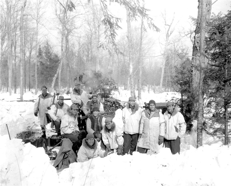 SC 329677 - 1st Platoon of Bat. D, 456th CA Gun Section #4 by their gun emplacement in the forest at Camp Lake James.