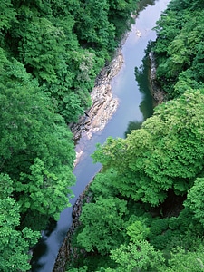 Beautiful mountain river landscape from stone footpath with rocks photo