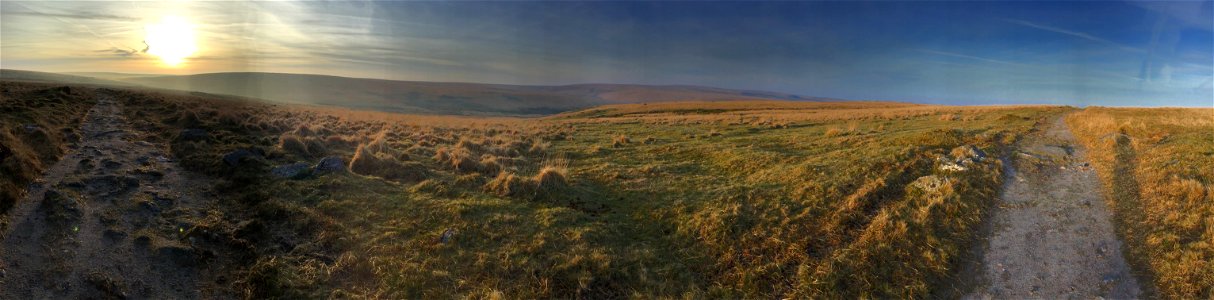 Sunrise, Rolling Mist, Evil Combe, Dartmoor National Park, Devon, UK. 17th April 2022 (Apple Ipod Panoramic Photo)